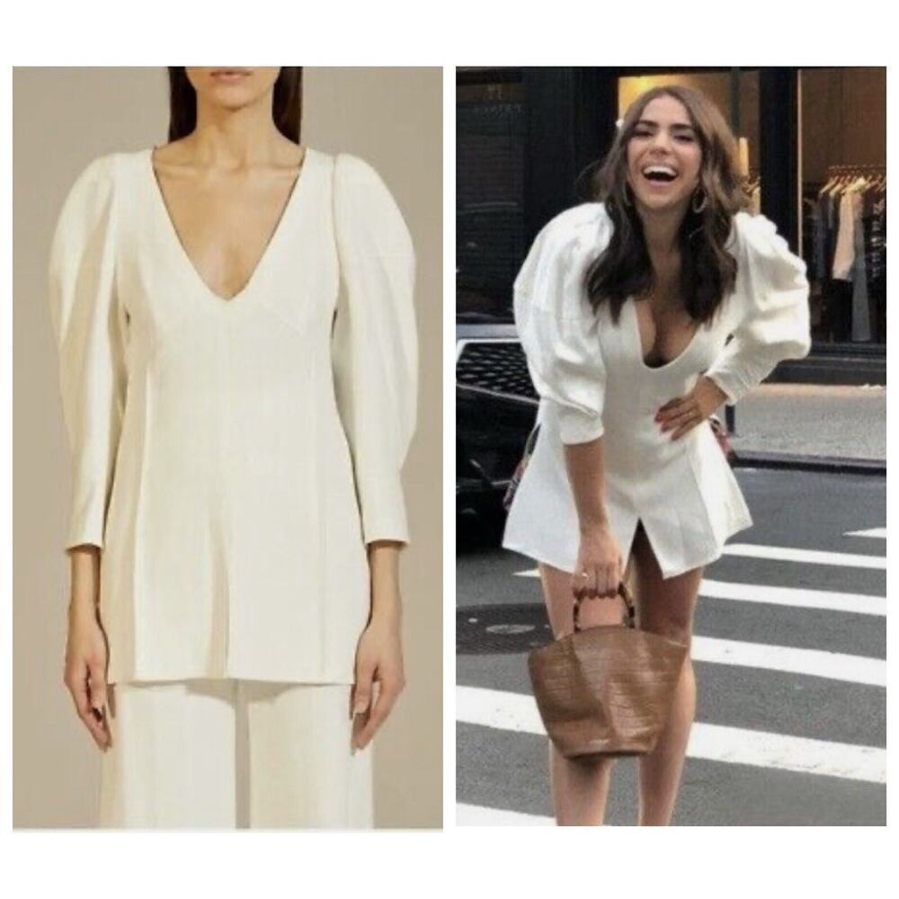 KHAITE Jenny White Woven Puff Shoulder Long Sleeve Top Long Shirt M V-neck Boho
